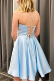 Kateprom Short Backless Sky Blue Satin Prom Dresses, Light Blue Open Back Satin Formal Graduation Dresses KPP1614