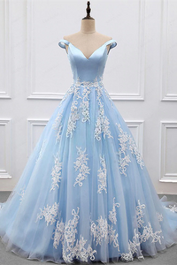 Kateprom Chic A line V neck Light Sky Blue Tulle Applique Modest Prom Dress Evening Dress KPP1615