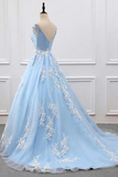 Kateprom Chic A line V neck Light Sky Blue Tulle Applique Modest Prom Dress Evening Dress KPP1615