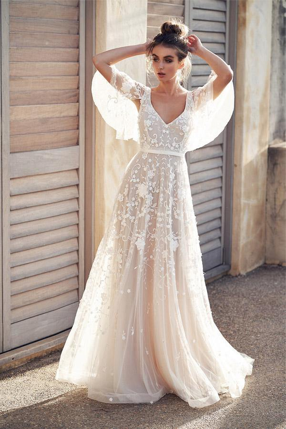 Kateprom Ivory V Neck Beach Wedding Dresses with Lace Appliques KPW0714