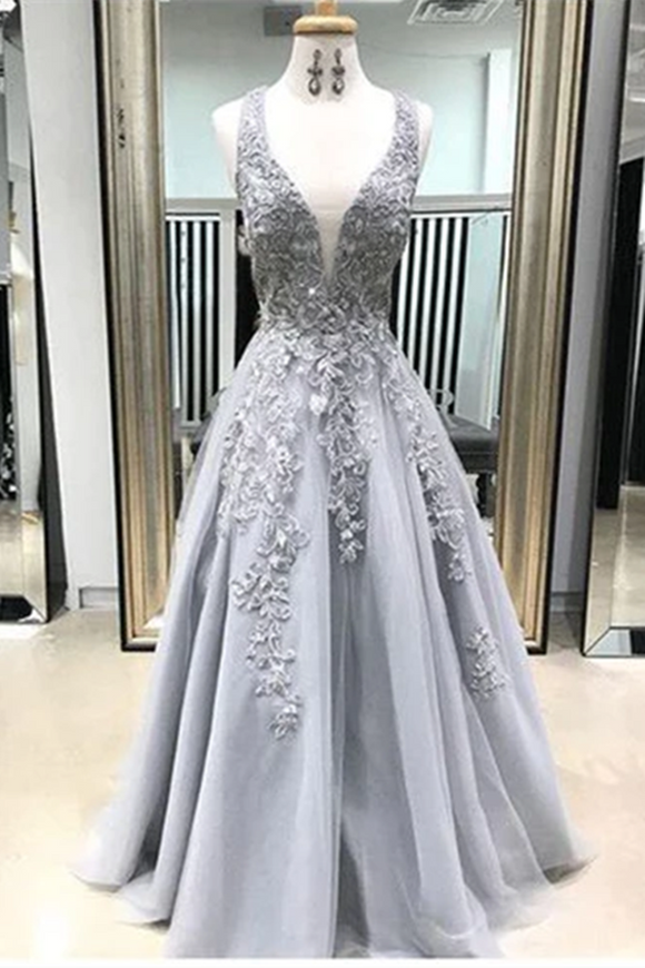 Kateprom Chic A line Straps Lace Prom Dresses Silver Applique Long Prom Dress Evening Dress KPP1617