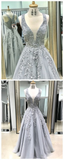 Kateprom Chic A line Straps Lace Prom Dresses Silver Applique Long Prom Dress Evening Dress KPP1617