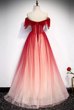 Kateprom Burgundy Off The Shoulder Tulle Long Lace Up Formal Prom Dresses Party Dresses KPP1619