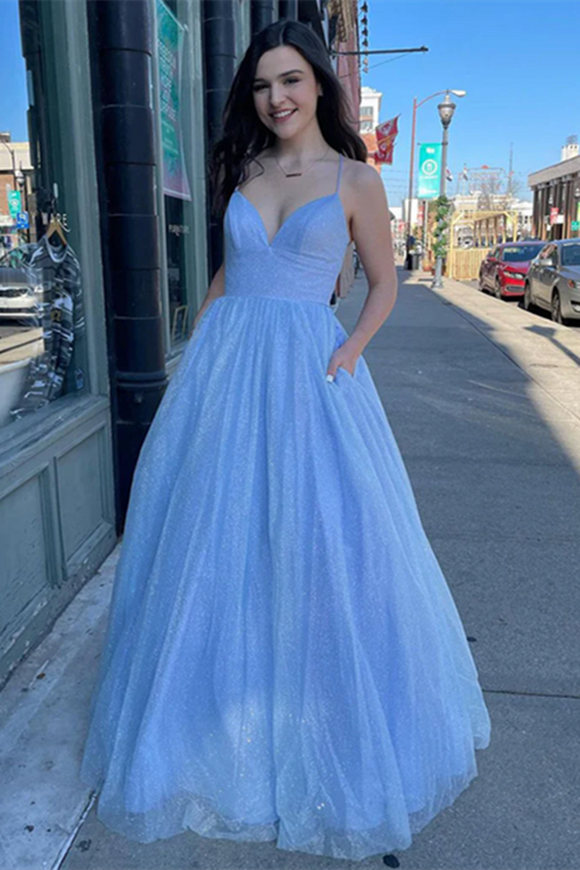 Kateprom Twinkly A Line Sky Blue Tulle Long Prom Dress, Party Gown for Sale KPP1621