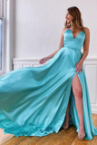 Kateprom V neck Sleeveless Split Tiffany Blue Cross Back Prom Evening Dress KPP1623