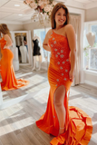 Kateprom Elegant One Shoulder Lace Up Mermaid Beaded Stars Polyester Prom Dress With Slit KPP1624