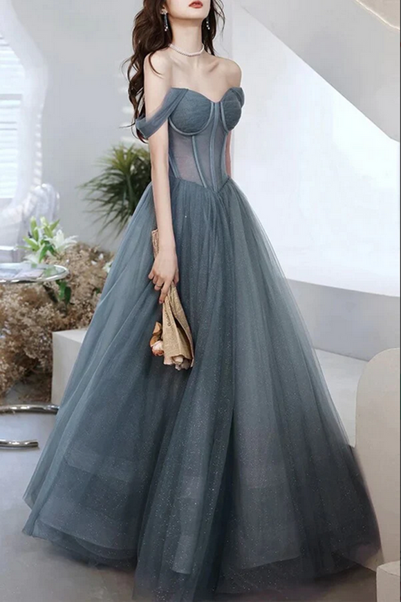 Kateprom Gray Blue Tulle A line Sweetheart Neck Long Prom Dresses, Evening Dresses KPP1627