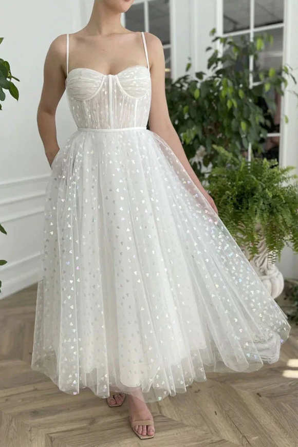 Kateprom Sweetheart Neck Tulle Ivory Prom Dresses, Tea Length Evening Dresses KPP1628