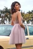 Kateprom V Neck Open Back Blush Pink Sequin Short Prom Homcoming Dress KPH0612