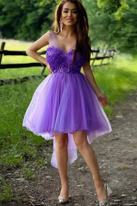 Kateprom Purple Tulle A line High Low Hand Made Flowers Short Homecoming Dresses KPH0614