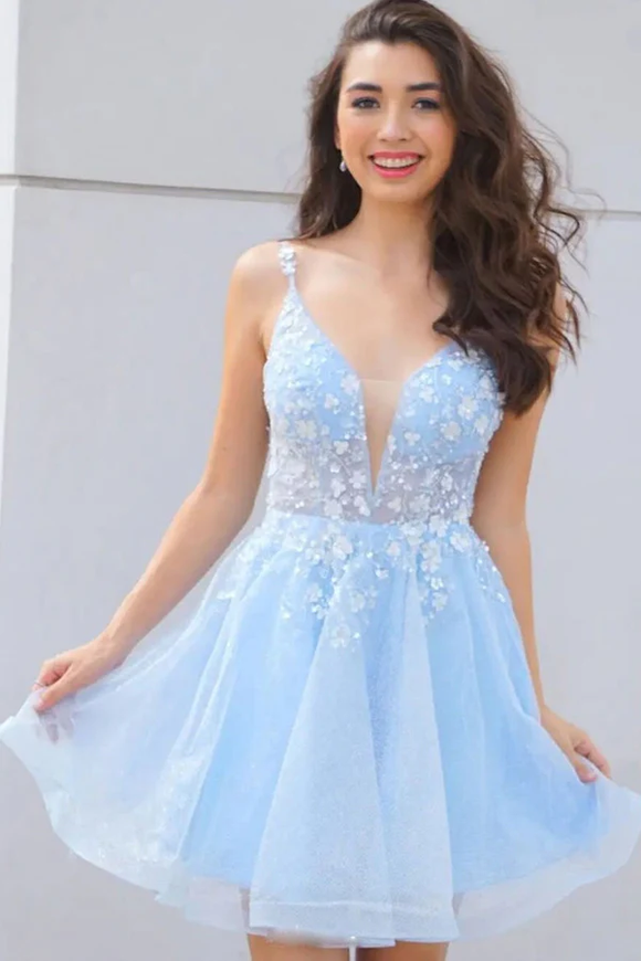 Kateprom Cute V Neck Light Blue Lace Floral Short Prom Homecoming Dresses KPH0616