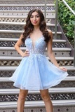 Kateprom Cute V Neck Light Blue Lace Floral Short Prom Homecoming Dresses KPH0616