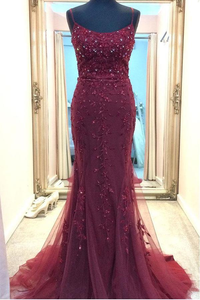 Kateprom Straps Mermaid Burgundy Beaded Long Prom Dress Evening Dress KPP1630