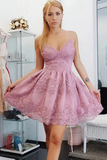 Kateprom Pink Tulle A line V neck Lace Spaghetti Straps Short Homecoming Dresses KPH0619