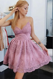 Kateprom Pink Tulle A line V neck Lace Spaghetti Straps Short Homecoming Dresses KPH0619