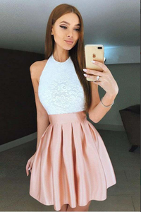 Kateprom Pink Pleated Lace Bodice High Neck Backless Short Homecoming Dresses KPH0622