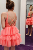 Kateprom V Neck Layered Coral Short Prom Dresses Homecoming Dresses KPH0625