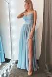 Kateprom Simple A Line Spaghetti Straps Blue Chiffon Long Prom Dresses with Slit KPP1631
