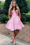 Kateprom Charming Pink Satin A line V Neck Short Homecoming Dresses With Pockets KPH0626