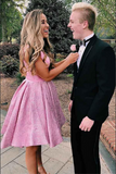 Kateprom Charming Pink Satin A line V Neck Short Homecoming Dresses With Pockets KPH0626