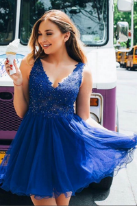 Kateprom Royal Blue Tulle A line V neck Beaded Homecoming Dress With Appliques KPH0628