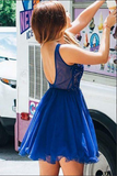 Kateprom Royal Blue Tulle A line V neck Beaded Homecoming Dress With Appliques KPH0628