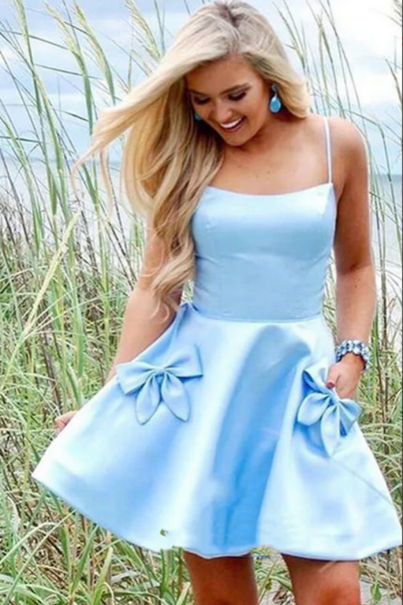 Kateprom Light Blue Satin Homecoming Dresses With Pockets, Short Party Dresses KPH0632