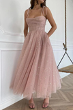Kateprom Straps Tea Length Pink Prom Dresses Tulle Homecoming Dresses KPH0634
