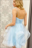 Kateprom Blue Tulle A line V neck Cheap Homecoming Dresses, Short Prom Dresses KPH0636