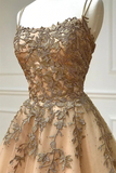 Kateprom Spaghetti Straps Champagne Lace Tulle Long Prom Dress KPP1633