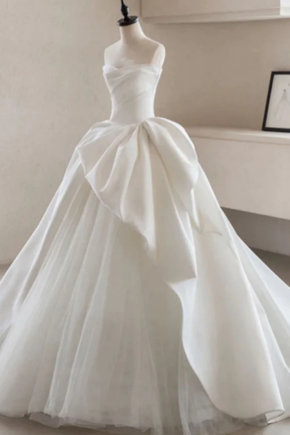Kateprom Modest Ball Gown Strapless Simple Satin Wedding Dress Tulle Bridal Dress KPW0722