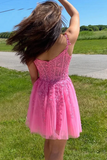Kateprom A Line Hot Pink Lace Appliques Party Dress Homecoming Dress KPH0640