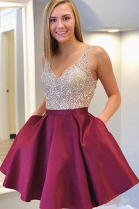 Kateprom Burgundy See Through Beaded Homecoming Dresses with Pockets KPH0641