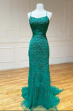 Kateprom Green Lace Mermaid Backless Spaghetti Straps Prom Dresses, Evening Gown KPP1634