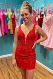 Kateprom Red Appliques Plunge V Neckline Lace Up Homecoming Dress KPH0648