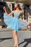 Kateprom Shiny Sky Blue Tulle Sequins Homecoming Dresses, Short Prom Dresses KPH0650