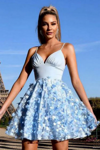 Kateprom Light Blue Lace Spaghetti Straps Homecoming Dresses, Short Prom Dresses KPH0651