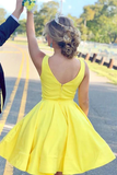 Kateprom A Line V Neck Short Yellow Prom Dresses Satin Homecoming Dresses KPH0652