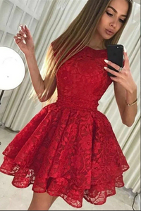 Kateprom Cute Red Round Neck A line Cap Sleeves Lace Short Homecoming Dresses KPH0653