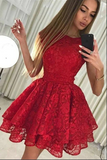 Kateprom Cute Red Round Neck A line Cap Sleeves Lace Short Homecoming Dresses KPH0653