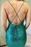 Kateprom Emerald Green Sequins Sheath Cowl Neck Tight Short Homecoming Dresses KPH0655