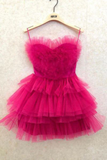 Kateprom Hot Pink Spaghetti Straps Homecoming Dress With Layers, Party Gown, Graduation Dress KPH0662