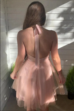 Kateprom Pink A line Tulle Halter Backless Homecoming Dresses, Short Prom Dresses KPH0665