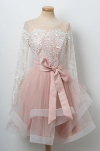 Kateprom A line Cute Pink Short Prom Dress Long Sleeve Scoop Lace Homecoming Dresses KPH0667