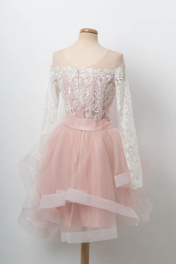 Kateprom A line Cute Pink Short Prom Dress Long Sleeve Scoop Lace Home kateprom Kateprom A line Cute Pink Short Prom Dress Long Sleeve Scoop Lace Home kateprom