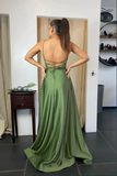Kateprom Sage Green A line Scoop Spaghetti Straps Long Prom Dresses With Pocket KPP1640