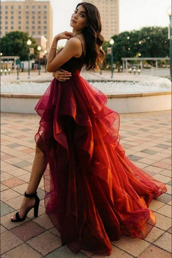 Kateprom Burgundy Tulle A line V Neck High Low Long Prom Dresses