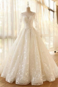 Kateprom Fabulous Mesh Neckline Long Sleeves A Line Wedding Dress With Lace Appliques Flowers Long Sleeves KPW0726
