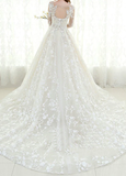 Kateprom Fabulous Mesh Neckline Long Sleeves A Line Wedding Dress With Lace Appliques Flowers Long Sleeves KPW0726