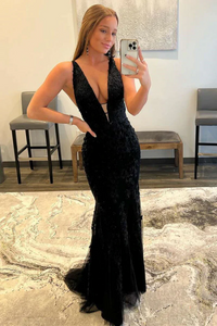Kateprom V Neck Mermaid Black Lace Long Prom Dress, Mermaid Black Formal Dress KPP1643
